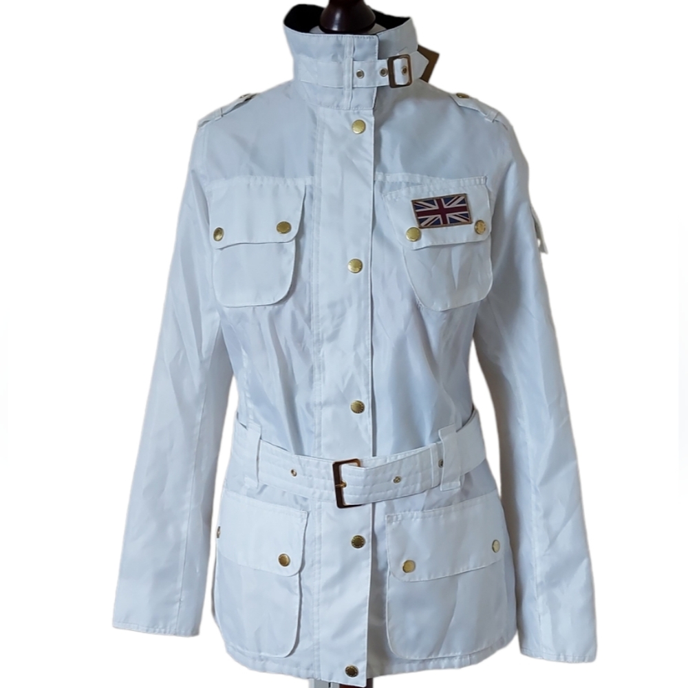 BNWT Barbour Womens White Rain Jacket UK Size 12 Lightweight Union Jack Lining. - Picture 1 of 16